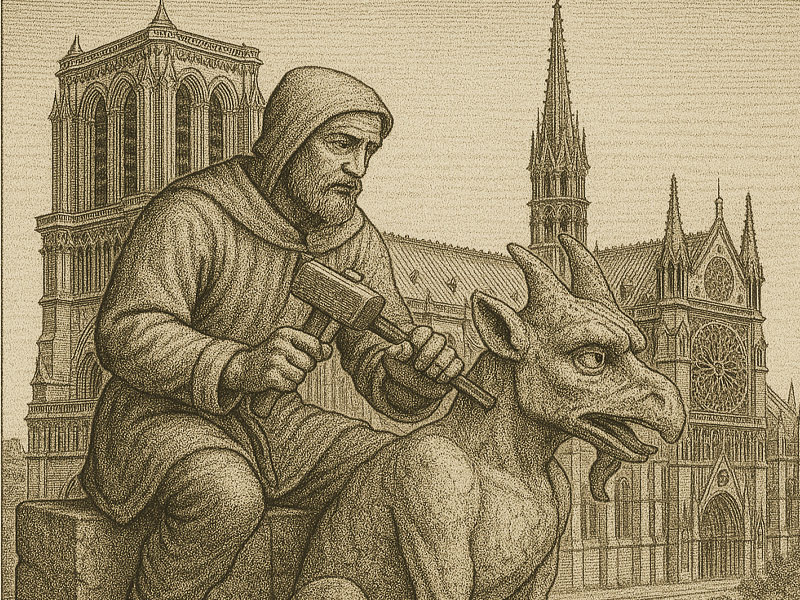 Confrérie de compagnons et de maçons sculptant une chimère sur le chantier de Notre Dame de Paris
