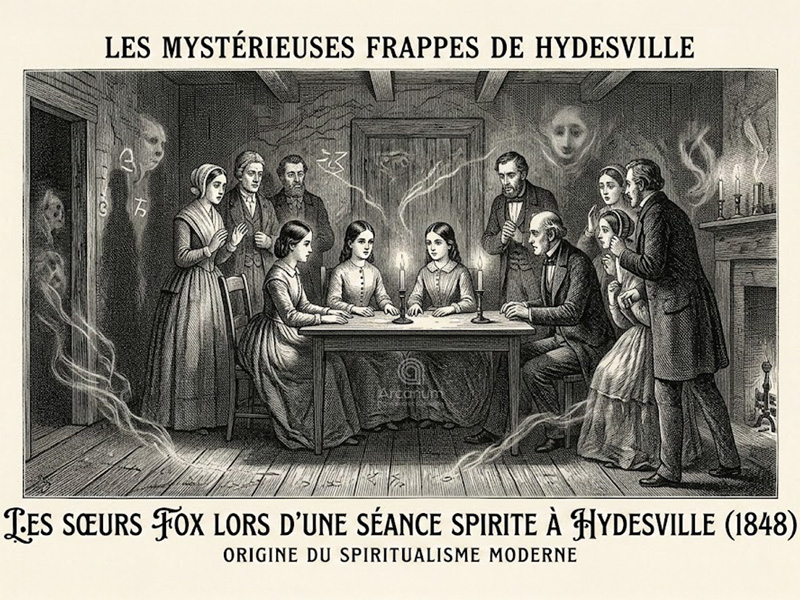 Les sœurs Fox communiquant avec les esprits par des coups frappés à Hydesville en 1848, origine du mouvement spirite mondial