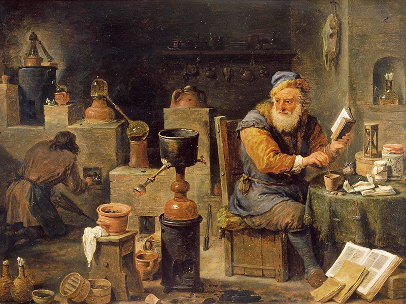 Nicolas Flamel dans son laboratoire d'alchimie