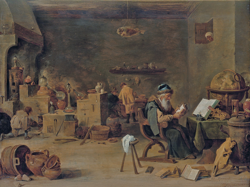 Nicolas Flamel dans son laboratoire d'alchimie